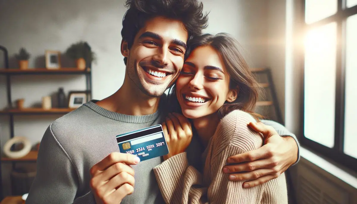 Pareja abrazándose y sonriendo, celebrando juntos un logro en su plan de manejo de deudas, como haber saldado una tarjeta de crédito